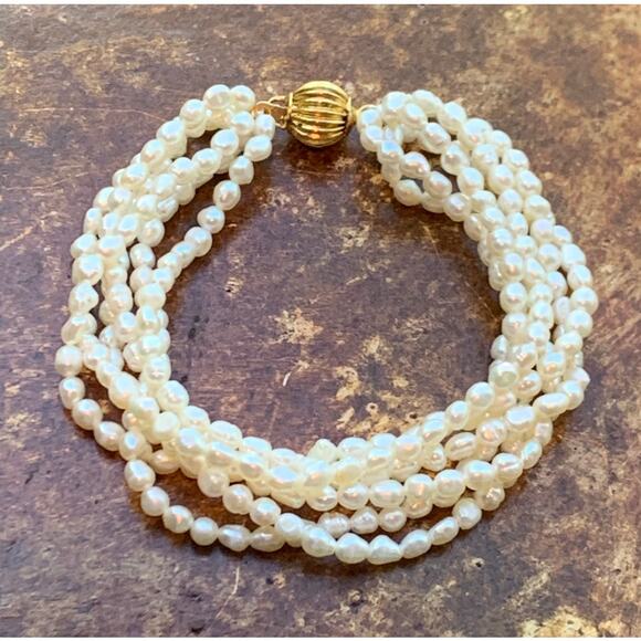 Six Strand Rice Freshwater Pearl Bracelet with Gold Clasp - Picture 2 of 5
